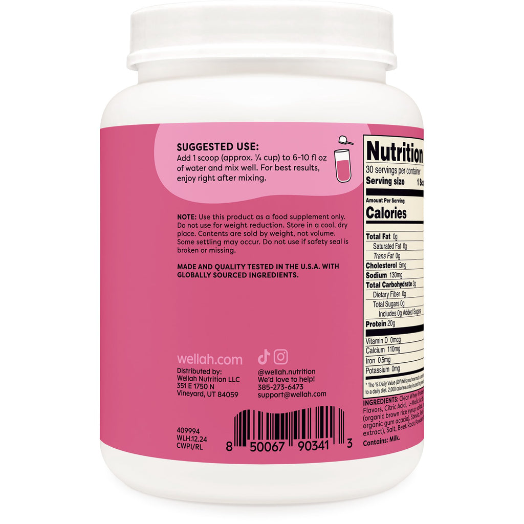 Clear Whey Protein Isolate Wellah – Proteína Ligera y Refrescante (Raspberry Lemonade, 30 servings)