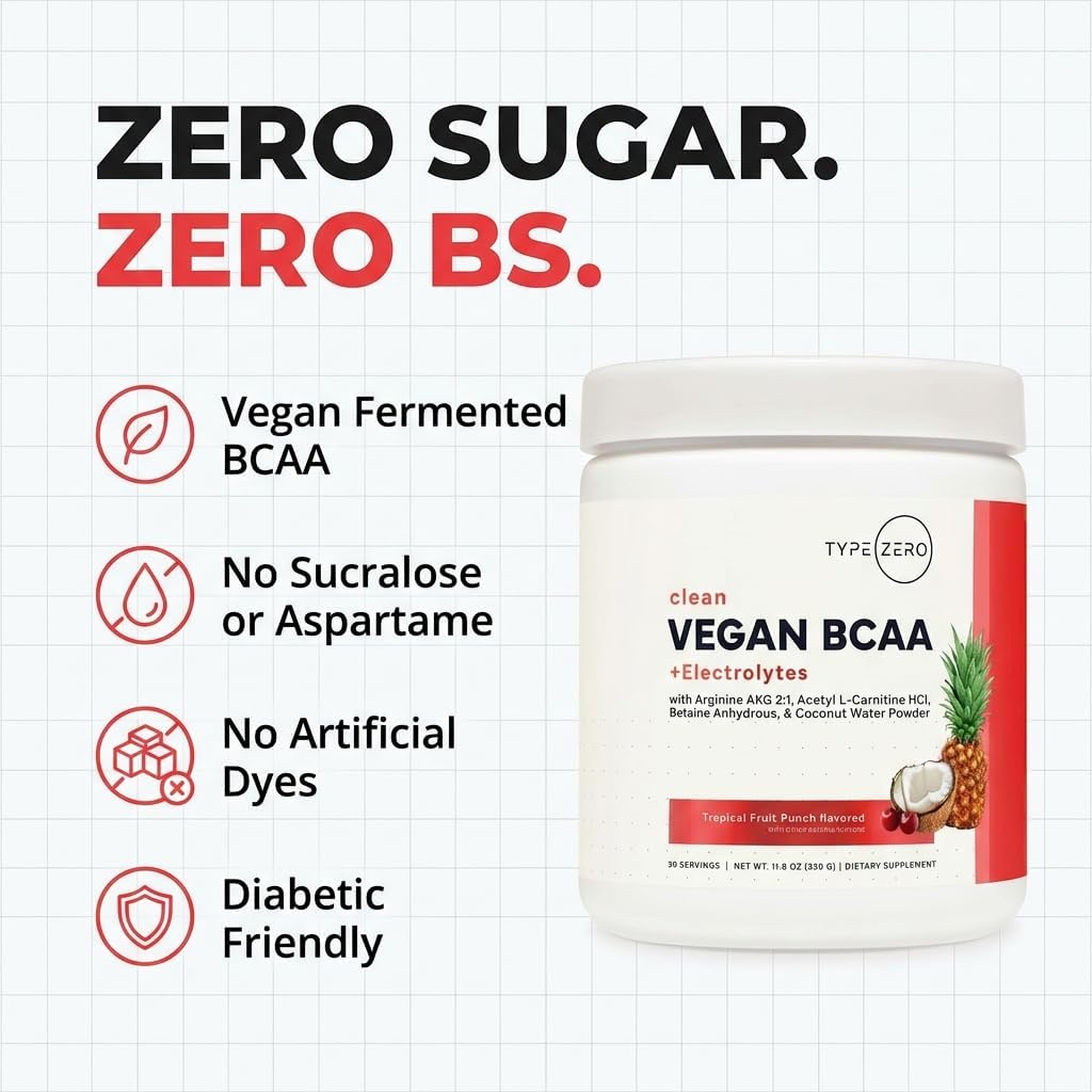 Type Zero Vegan BCAA + Electrolytes – Recuperación y Energía (30 Servings, Fruit Punch)
