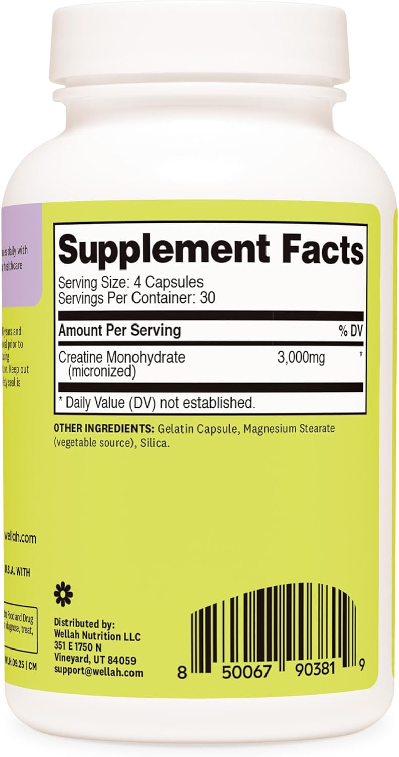Creatine Monohydrate Wellah 3000mg – Fuerza y Rendimiento (120 cápsulas)