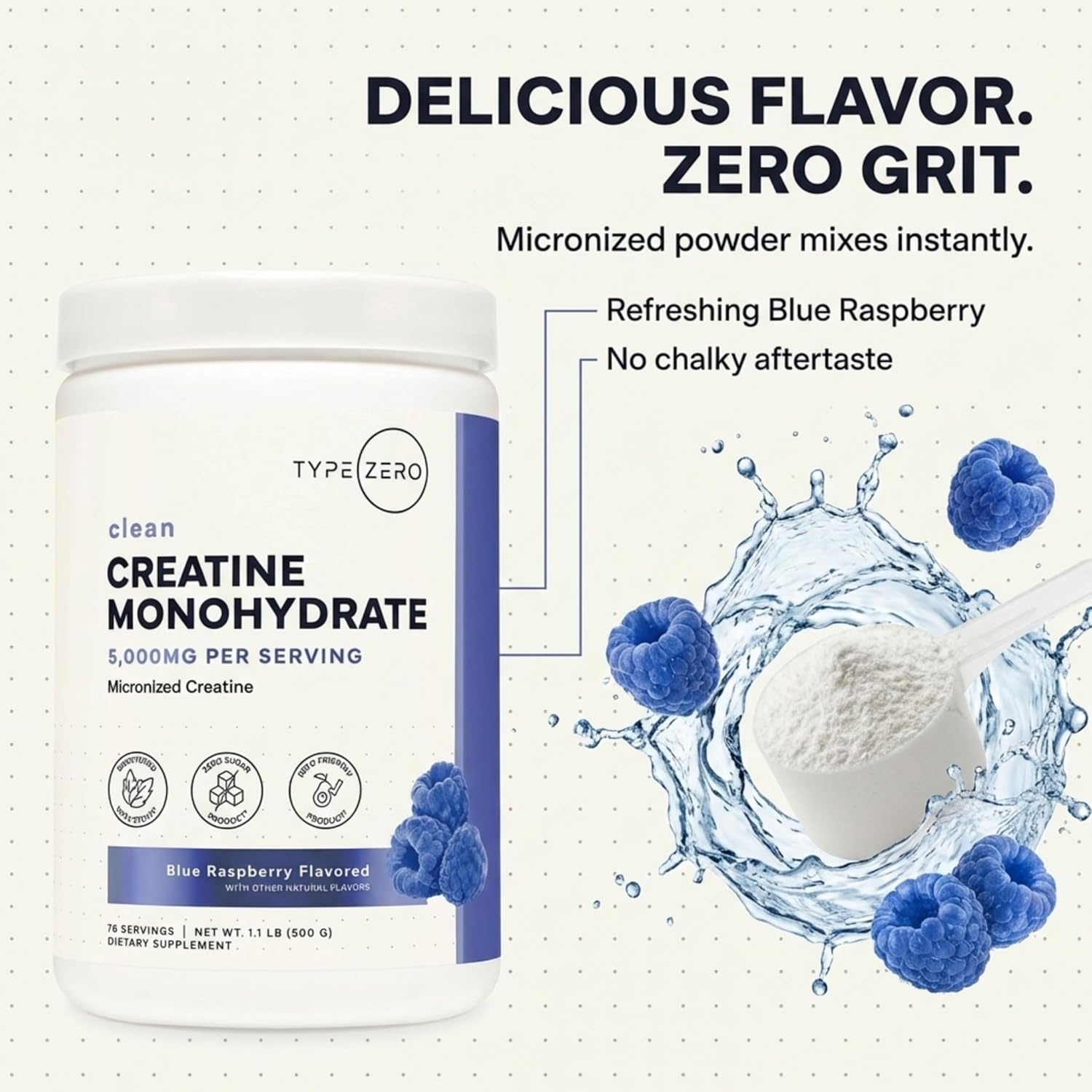 Type Zero Creatine Monohydrate – Energía y Fuerza (500g, Blue Raspberry)
