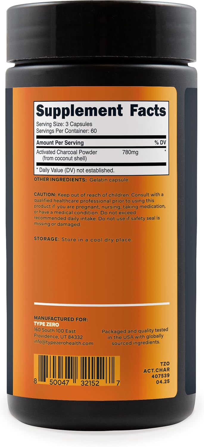 Type Zero Activated Charcoal – Soporte Digestivo y Detox (780 MG, 180 Cápsulas)