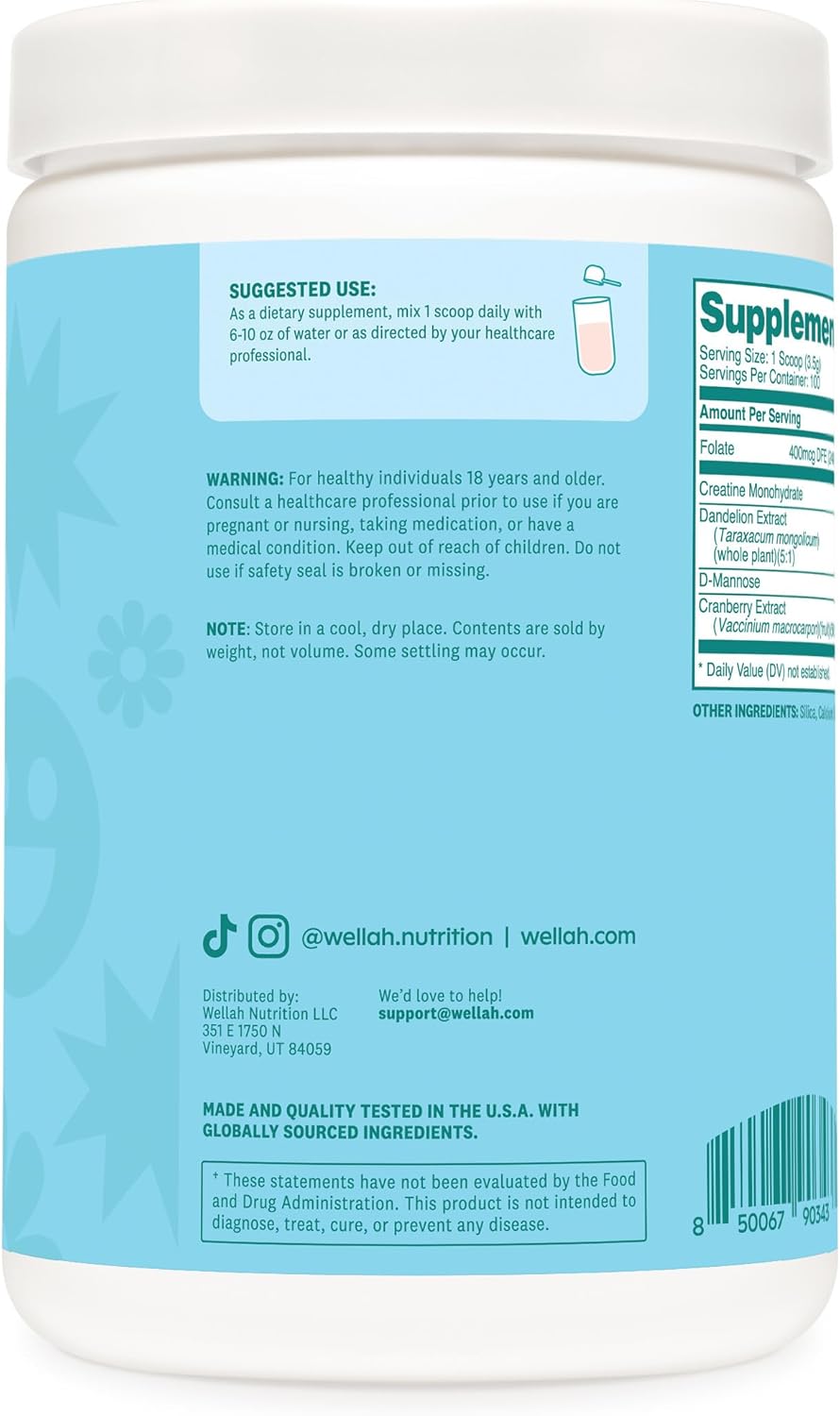 Creatine Wellah – Fuerza y Rendimiento (100 servings, Unflavored)