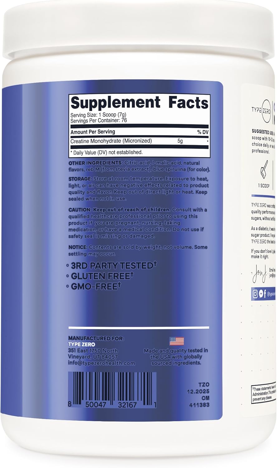 Type Zero Creatine Monohydrate – Energía y Fuerza (500g, Blue Raspberry)