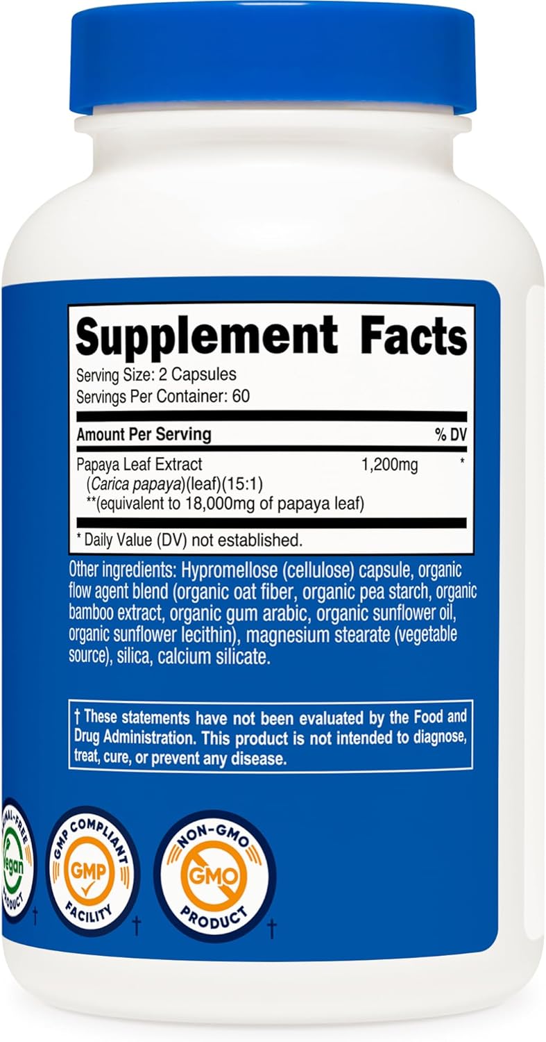 Papaya Leaf Extract 18,000mg (120 cápsulas) – Digestión y Bienestar Natural