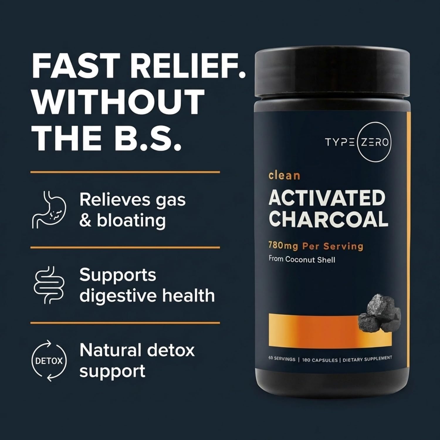 Type Zero Activated Charcoal – Soporte Digestivo y Detox (780 MG, 180 Cápsulas)