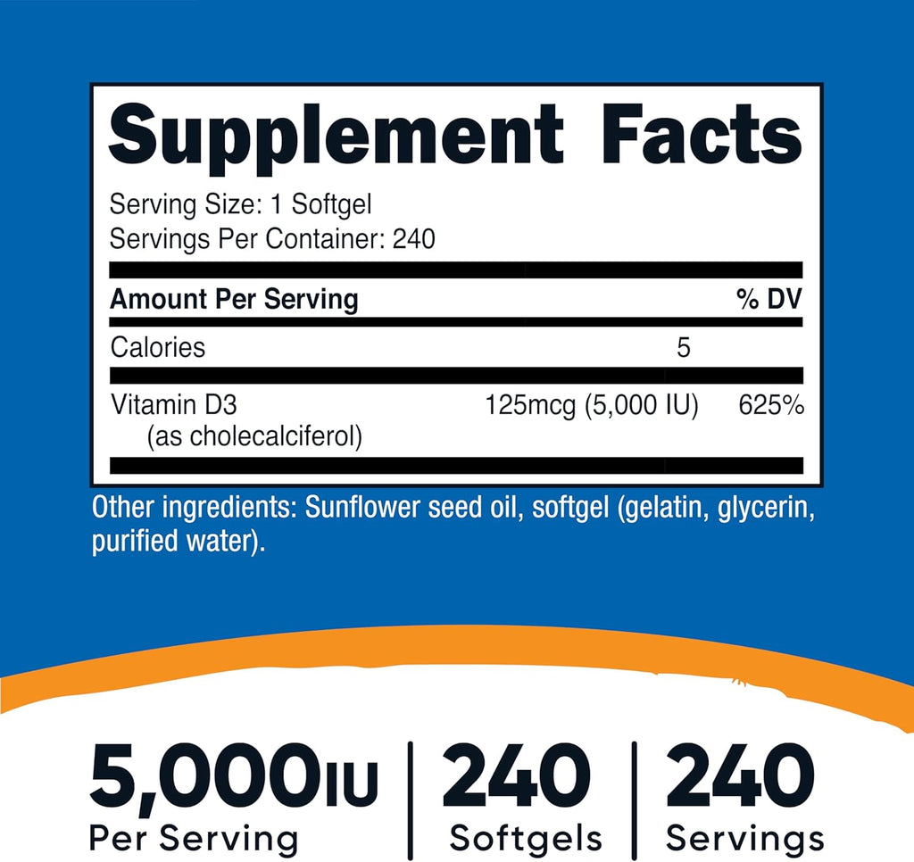 Vitamin D3 5000 IU – Energía e Inmunidad (240 softgels)