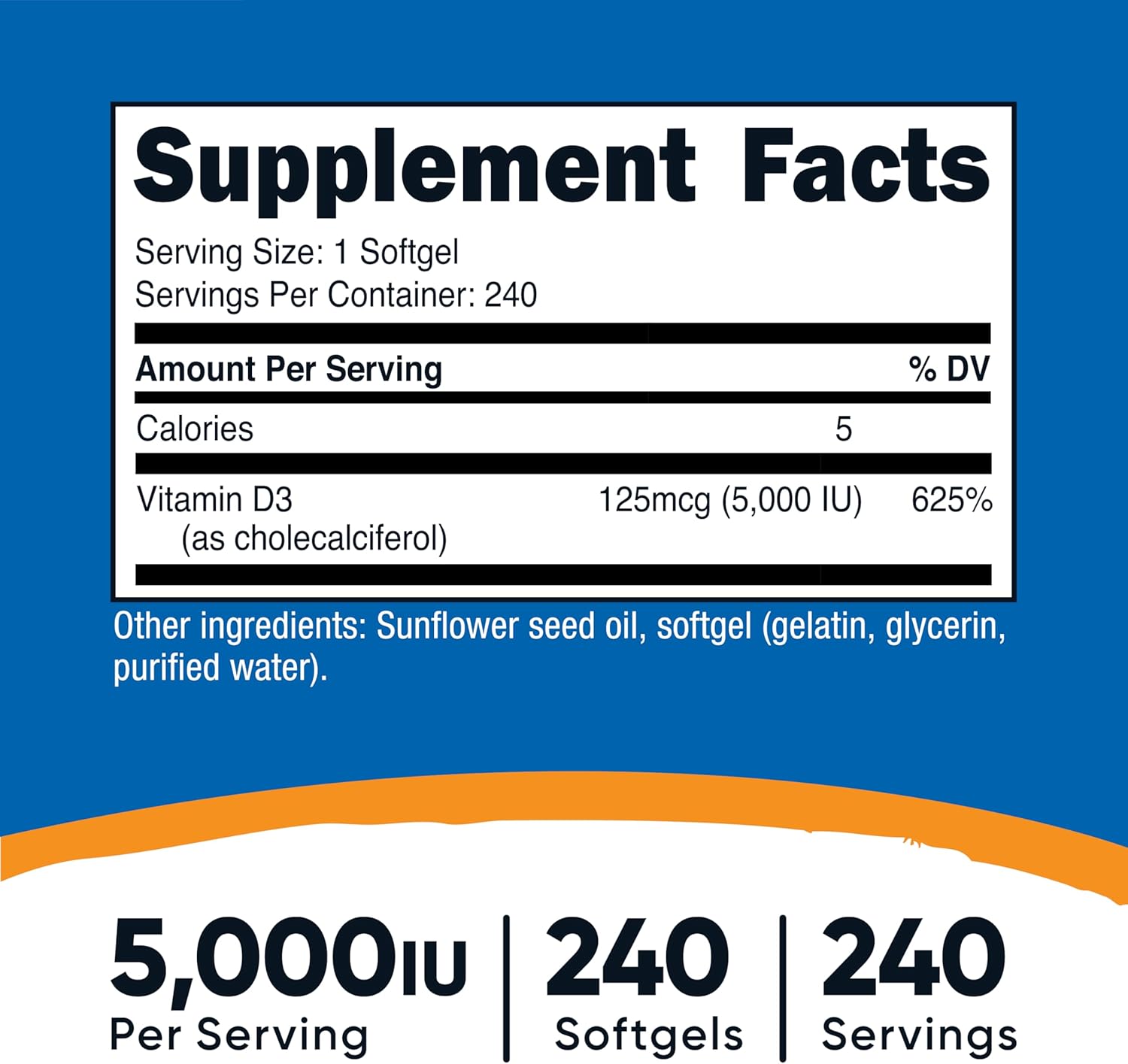 Vitamin D3 5000 IU – Energía e Inmunidad (240 softgels)