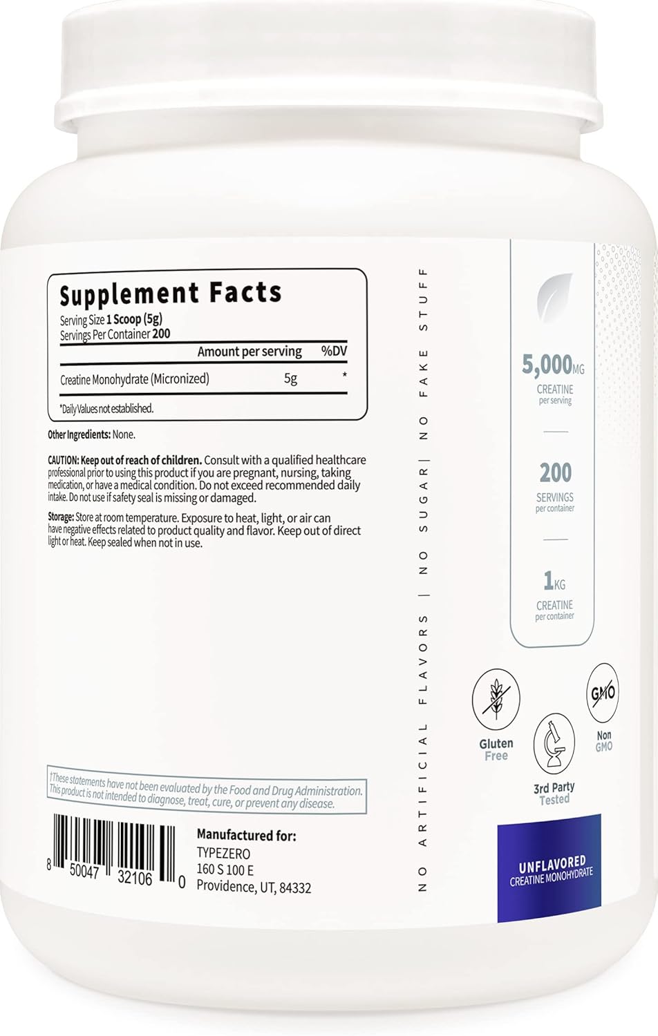 Creatine Monohydrate Type Zero 1KG - Fuerza y rendimiento (UNFLAVORED)