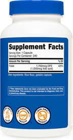 Folic Acid (Vitamin B9) Nutricost 1000mcg – Salud Celular y Energía (30 cápsulas)