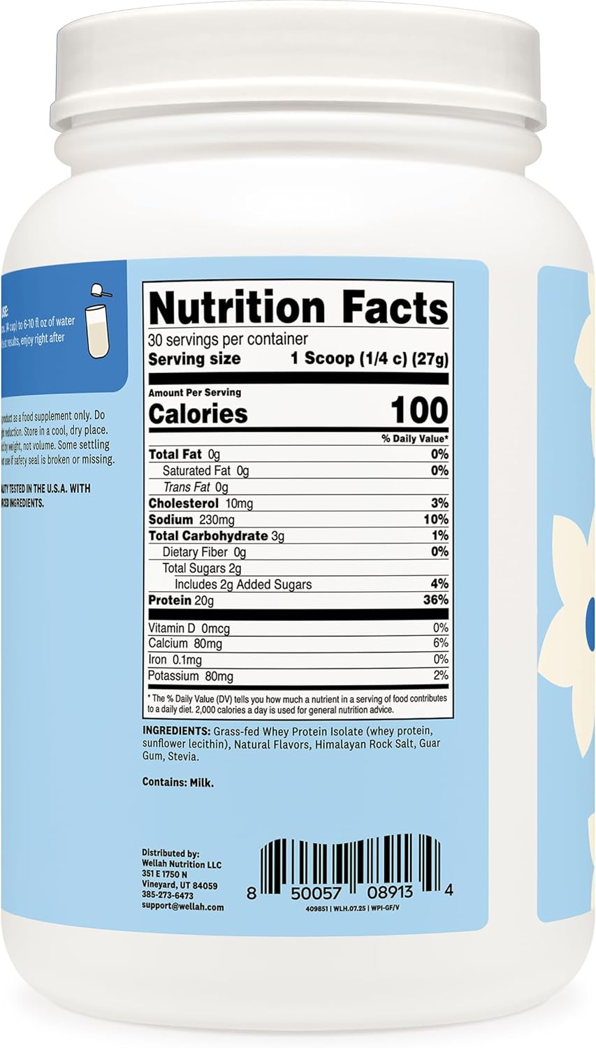 Grass-Fed Whey Protein Isolate Wellah – Proteína Premium y Recuperación (Vanilla, 30 servings)