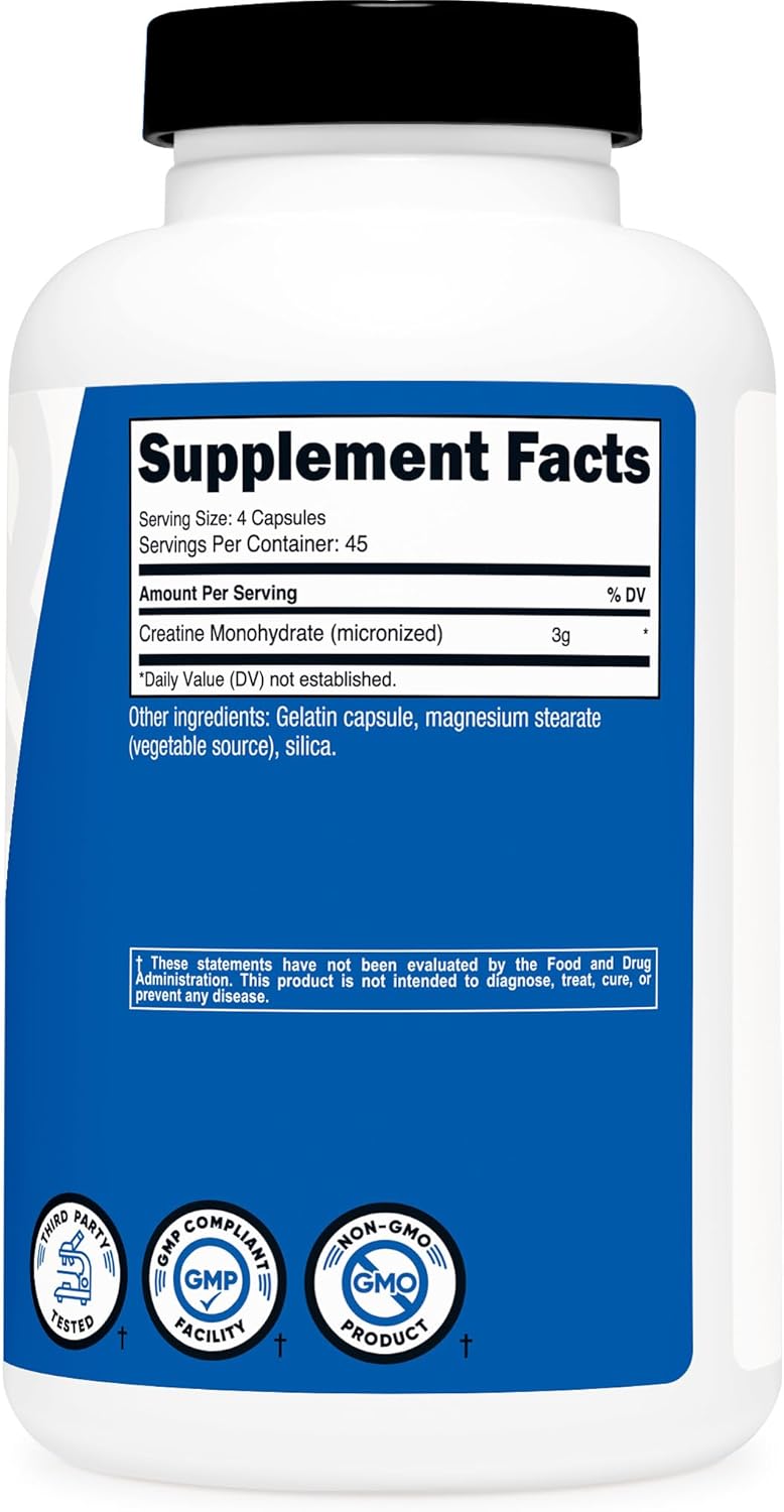 Creatine Monohydrate Capsules 3000mg (180 cápsulas) – Fuerza y Rendimiento sin Mezclar