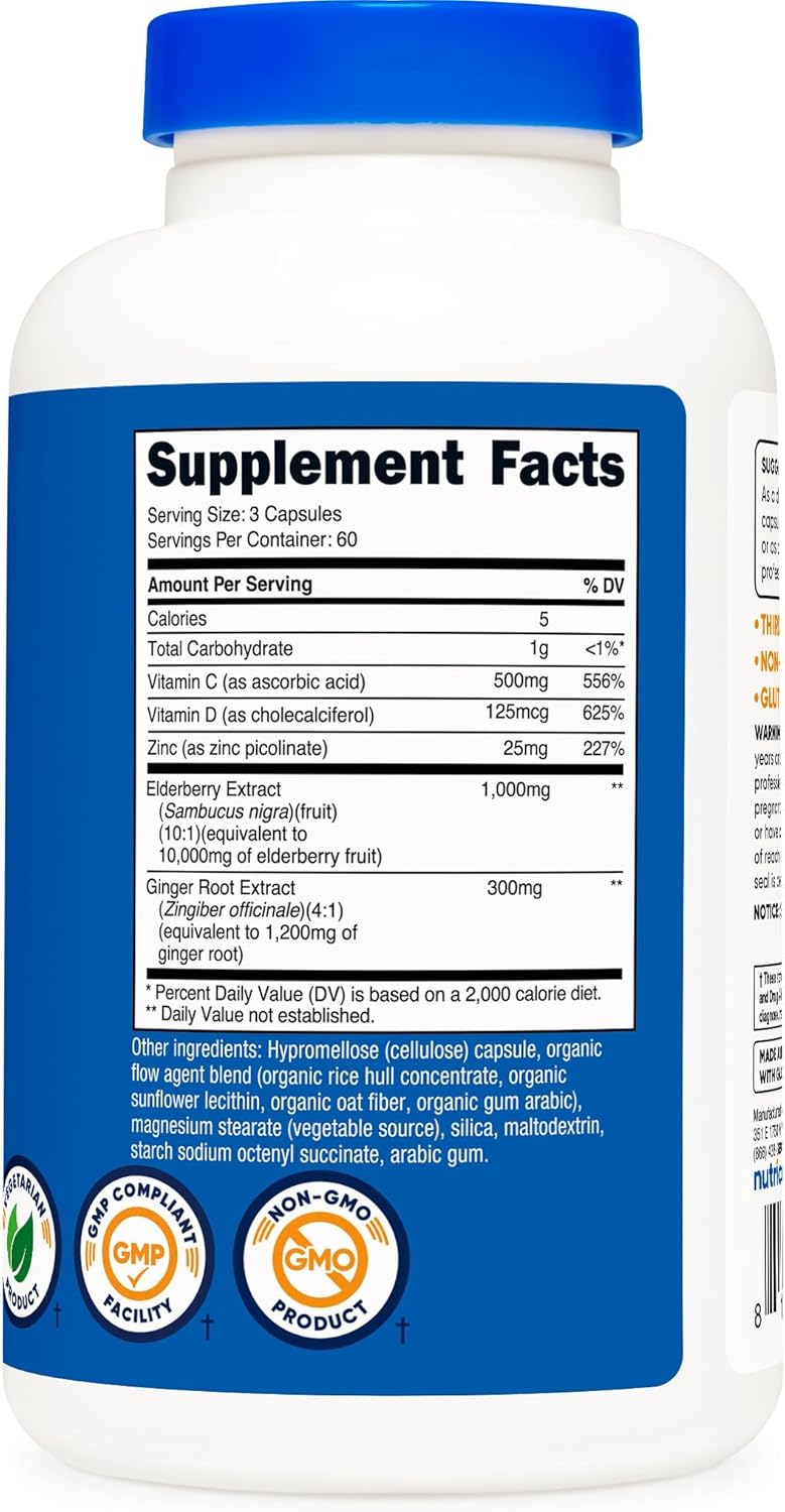 Elderberry + Vitamin C & Zinc 1300mg (180 cápsulas) – Soporte Inmunológico Completo