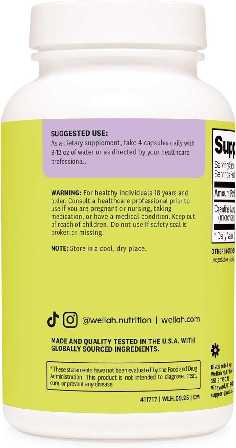 Creatine Monohydrate Wellah 3000mg – Fuerza y Rendimiento (120 cápsulas)