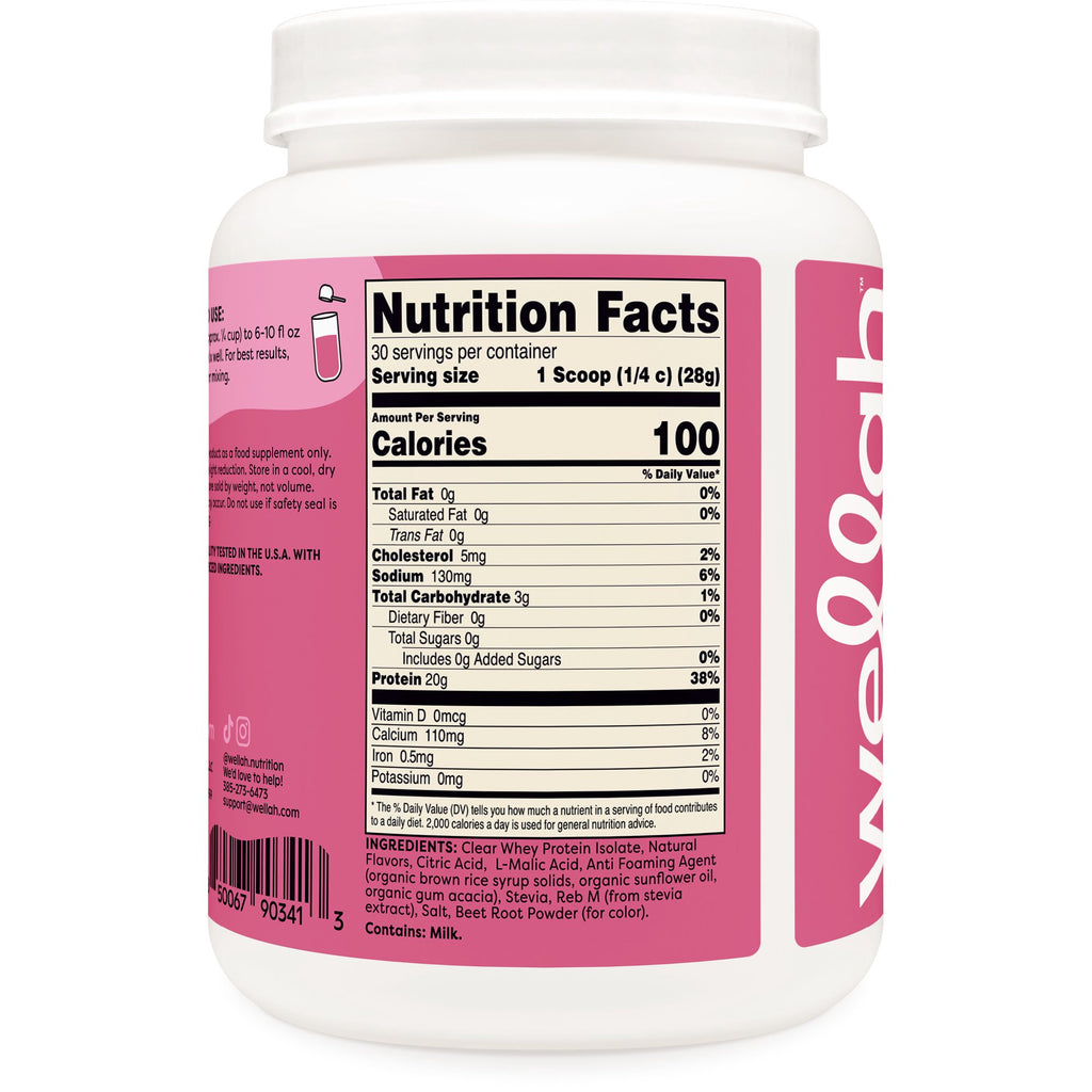 Clear Whey Protein Isolate Wellah – Proteína Ligera y Refrescante (Raspberry Lemonade, 30 servings)
