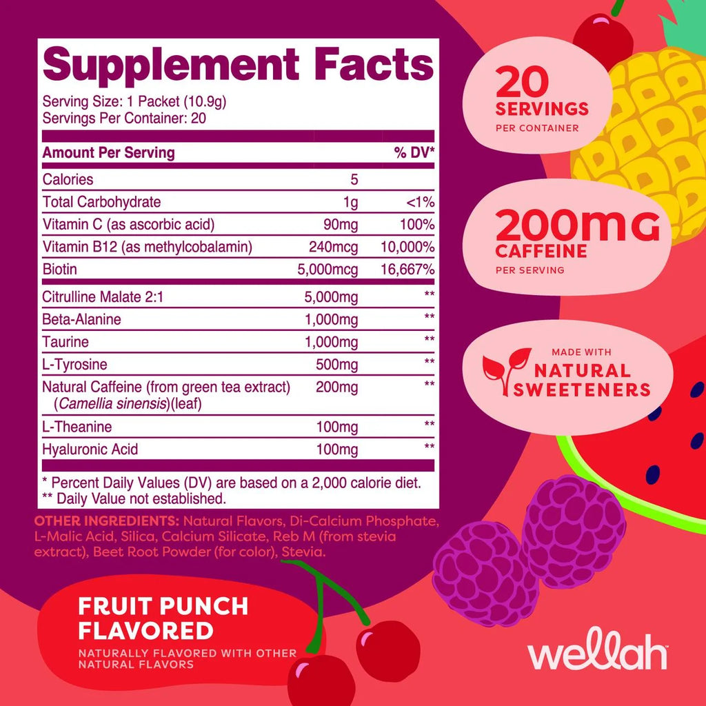 Pre-Workout Wellah – Energía y Enfoque (20 sobres, Fruit Punch)