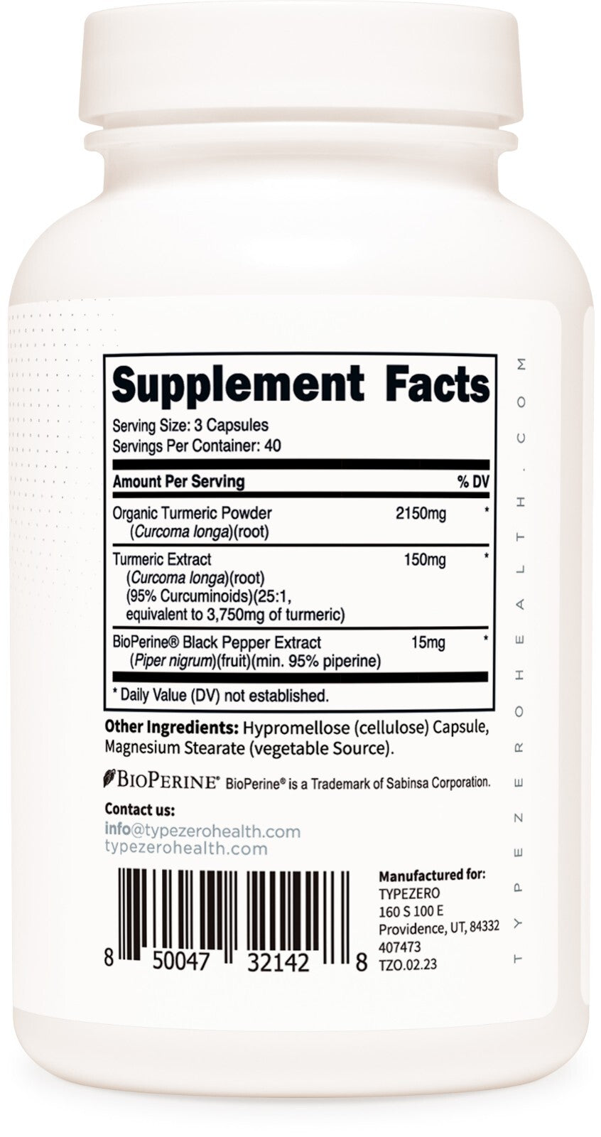 Type Zero Turmeric + Bioperine – Soporte Antiinflamatorio (2300 MG, 120 Cápsulas)